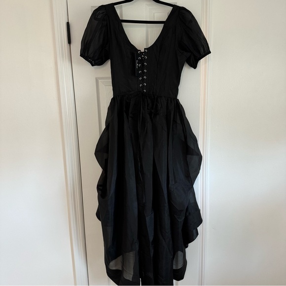 Lulus Delightfully Chic Black Organza Puff Sleeve Midi Dress - Picture 4 of 6